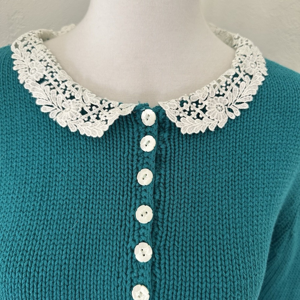 Vtg Cambridge Spirit Sweater Womens Medium Green Grannycore Cottagecore Lace - Picture 3 of 12